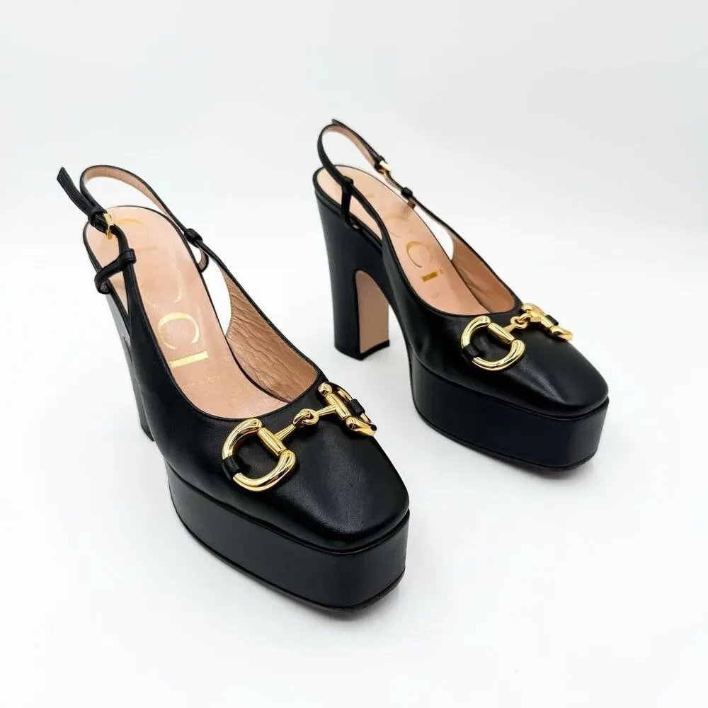 Gucci Horsebit Baby120 Platform Pumps EU 37 US 7 Black Leather Slingback